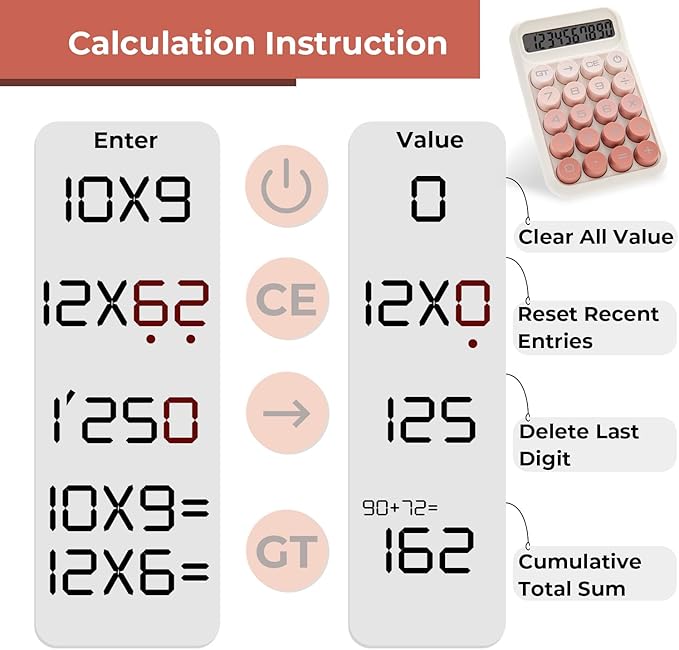 Y YOMA 1 Pack Mechanical Switch Calculator with 10 Digit Large LCD Display Big Button, Mini Cute Desktop Calculator 4 Function Basic Calculators for School Home Office Business, Cute Pink