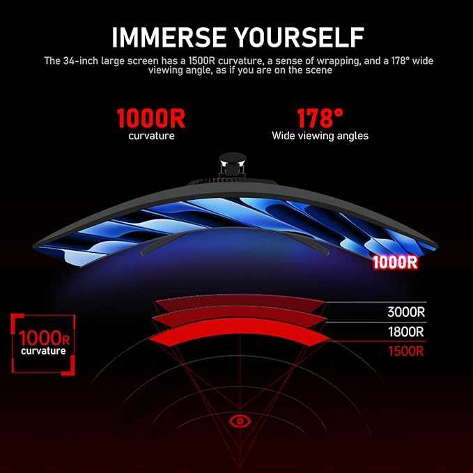 34 Inch Ultrawide Curved 180Hz Gaming Computer Monitor 1000R PC screen 21:9 UWQHD (3440x1440) ,1ms,100%sRGB,Adaptive Sync,HDMI、Display Port,Liftable Stand,Wall Mount Compatible 75*75mm-Black