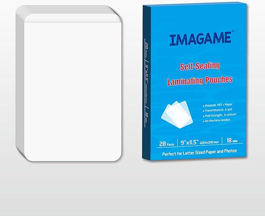 Self-Sealing Laminating Pouches, 9"x11.5'', 18mil, 20 Pack, Easy-to-Use, No Machine Needed, Preserve Photos, Documents, Certificates, Durable, Waterproof, Ideal for Home, Office & School Use