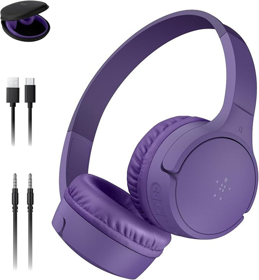 Belkin SoundForm Mini - Wireless Bluetooth Kids Headphones, 30H Battery, 85dB Safe Volume Limit, Built-in Microphone - Toddler On-Ear Earphones for iPhone, iPad - Ideal for School - Purple w/Case