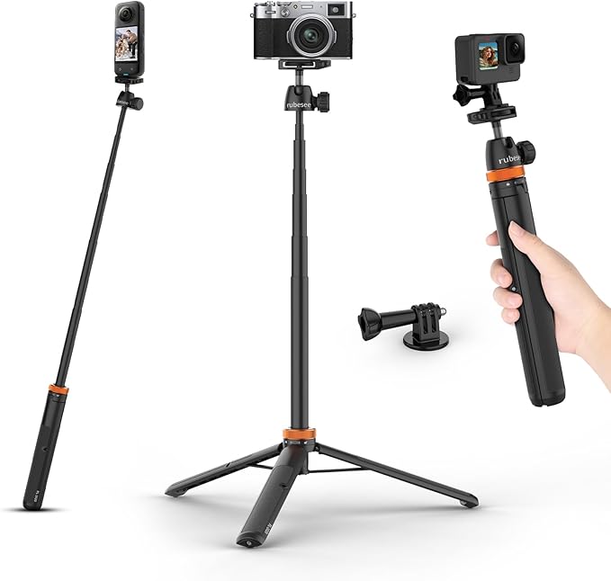 Selfie Stick Tripod for Gopro Camera, 62" Extendable Tripod Stand with 360° Ball Head 1/4" Screw, Portable Lightweight Camera Tripod for GoPro Max Hero 13 12 11 10 9 8 DJI OSMO Action Camera