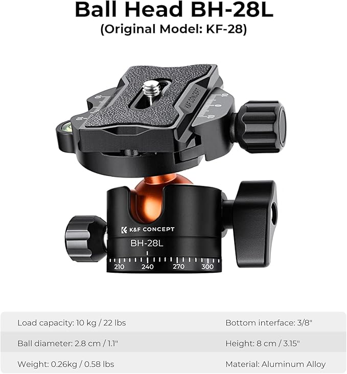 K&F CONCEPT 78 inch Camera Tripod for DSLR Compact Aluminum Tripod with 360 Degree Ball Head and 22lbs Load for Travel and Work K234A7+BH-28L (S210)