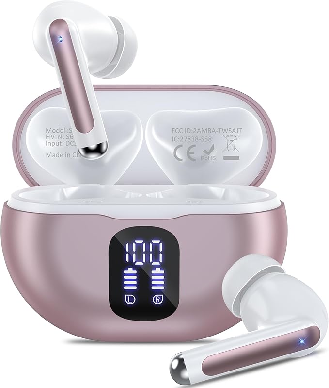 Bluetooth Headphones True Wireless Earbuds 42H Playback LED Power Display Earphones with Charging Case IPX7 Waterproof in-Ear Ear Buds with Mic for Sports, Rose Gold