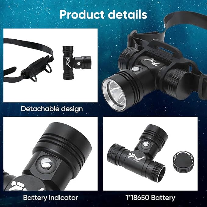 WINDFIRE Scuba Diving Headlamp, Rechargeable Dive Light, IPX8 Waterproof Underwater Headlight with 3 Modes & Power Indicator, High Lumen, Long Runtime, Diving Torch for Snorkeling, Cave Exploration