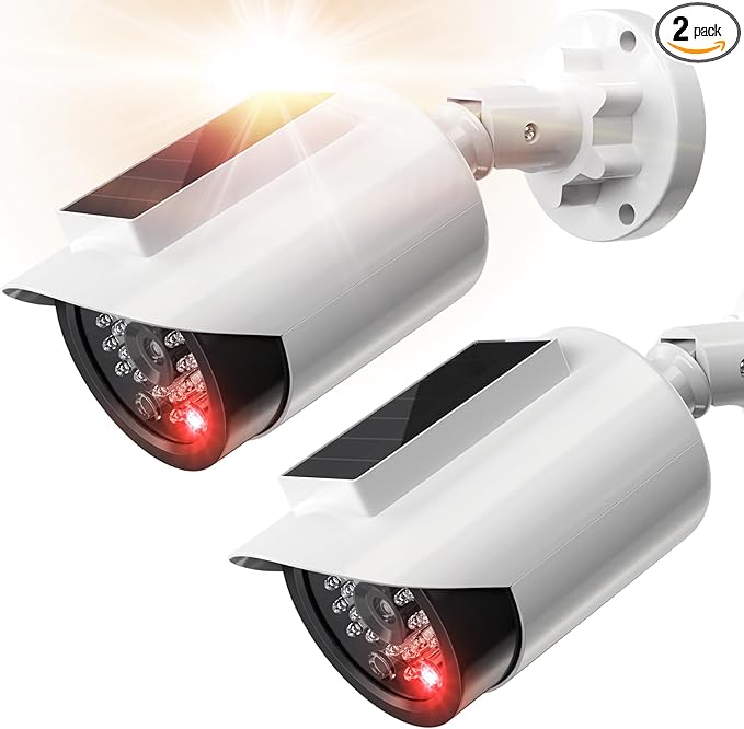 BNT Solar Powered Fake Security Camera, Bullet Shape Fake Surveillance Camera with Red LED Light for Night, Security Warning Sticker, for Outdoor Safety Alert (White 2Pack,Battery not Included)