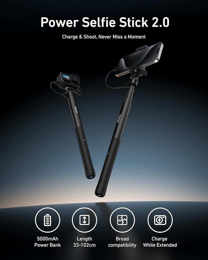 TELESIN Power Grip Selfie Stick for Gopro, 40.16”Extension Charging Handle Grip, 5000mAh Battery Power Selfie Sticks, Portable Monopod Pole for GoPro Hero 13 12 11 Insta360 DJI Action Camera, Phone