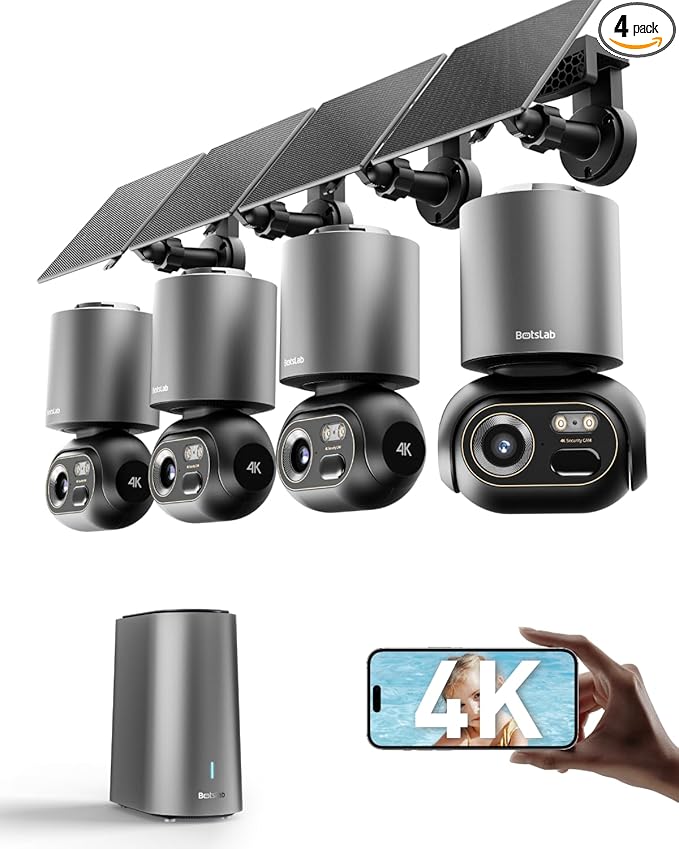 BOTSLAB Security Cameras Wireless Outdoor, 4 Cam-Kit with HomeBase, 4K Color Night Vision, Solar Security Camera System with 360° Pan&Tilt, No Monthly Fee, 32GB Local Storage Up to 16TB,AI Recognition