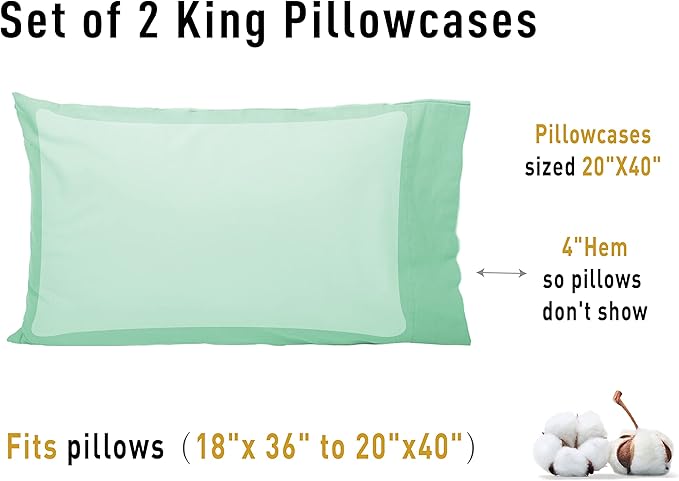 Sunflower King Pillowcases Set of 2, 100% Cotton King Pillow Cases 2, 20×40 inches Zephyr Green, Soft and Breathable