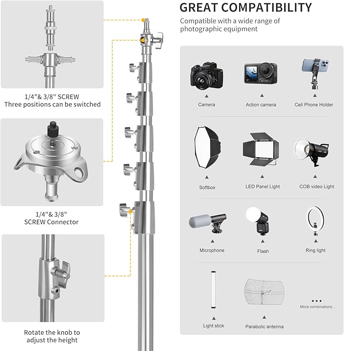 Camera Tripod - 24ft Tall Heavy Duty Professional Stainless Steel Telescoping Tripod with Spring Loaded Design, 1/4" and 3/8" Universal Screw for Action Cameras/Outdoor Shooting/Hunting
