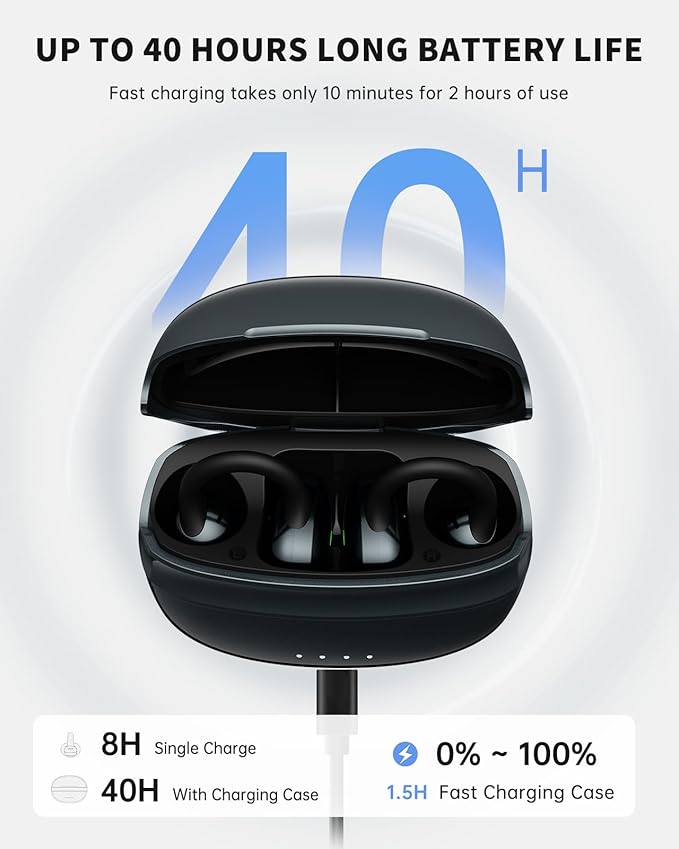 Open Ear Earbuds, Clip-On Earbuds Wireless Bluetooth, Ear Clip Bluetooth Headphones, Lightweight Comfort, Ergonomic Secure Fit for Small Ears, Ultra Open Audio, Waterproof, 40H Playtime