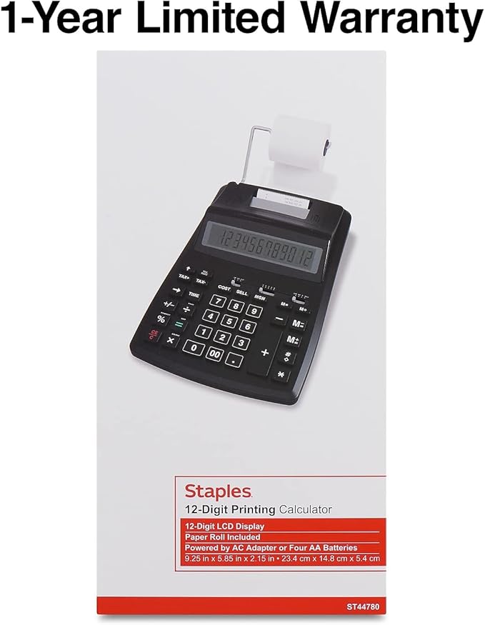 Staples TRU RED TR44780 TR44780 12-Digit Desktop Printing Calculator, Black