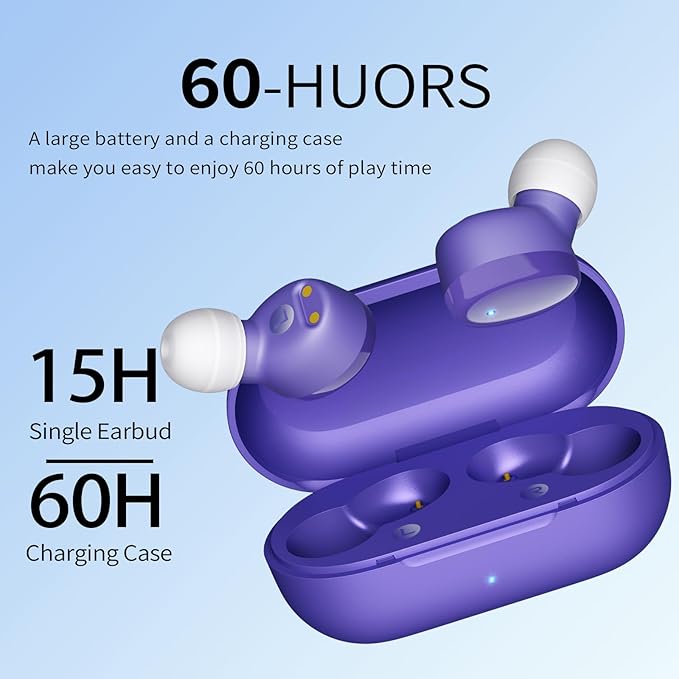 Wireless Earbuds in-Ear Headphones Bluetooth 5.3 with Built-in Mics Deep Bass Clear Call Ultralight Headsets Up to 60H Play Time for Studying Workout Gaming Purple