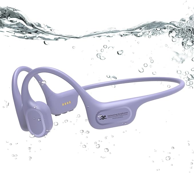 Swimming Headphones IP68 Waterproof, Open Ear Bone Conduction Headphones Bluetooth 5.4 with 32GB MP3 Player, Secure Comfort Underwater Swim Earbuds for Jogging Cycling Fitness-SurfAudio(Purple)