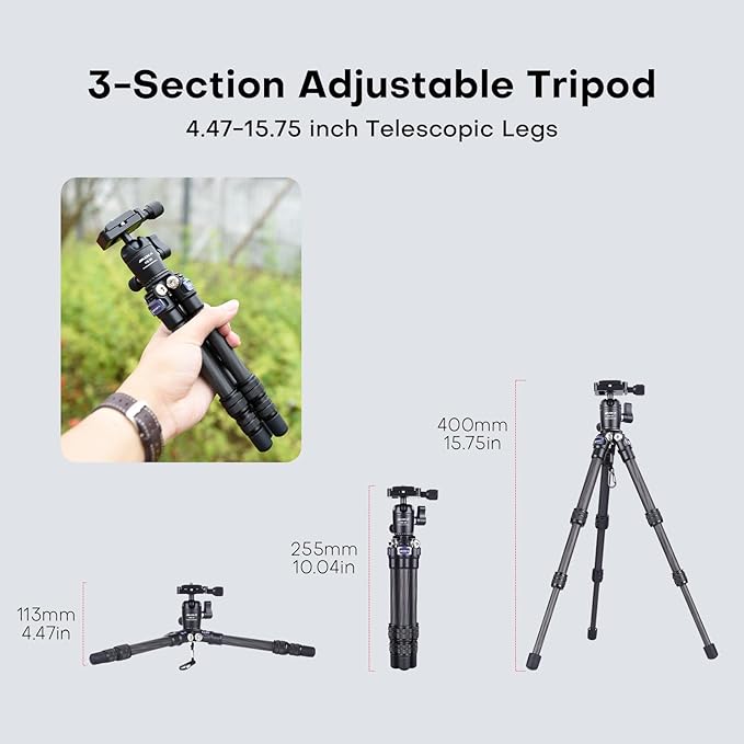 AOKA 15.75"/0.99 lbs Mini Carbon Fiber Tripod, Compact Pocket Travel Tabletop Tripod for Mobile Phones, Mirrorless Cameras, Digital Cameras, Projectors, Webcams