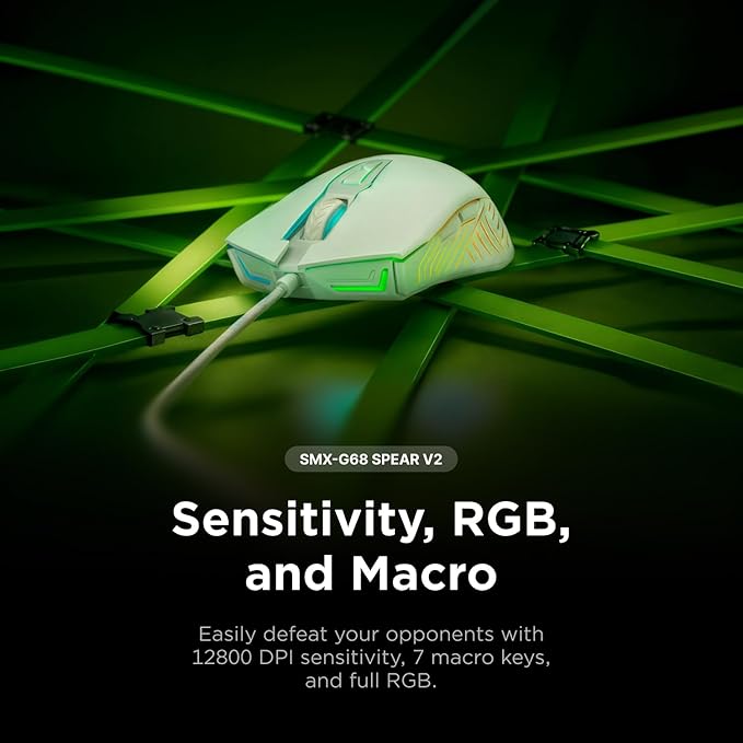 Rampage Spear V2 White Wired Gaming Mouse with RGB Lighting – 12800 DPI, 7 Programmable Buttons, Lightweight Ergonomic Gaming Mouse for PC/Mac/Laptop Gamers
