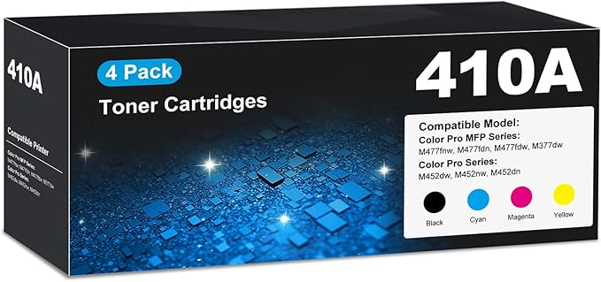 410A Toner Cartridge MFP M477fnw M452dw CF410A 410X High Yield Compatible for HP 410A Toner Cartridge with Chip for Laser Jet Pro MFP M477fnw Pro M452dw M452dn MFP M477fdn M477fdw M377dw HP410A 4 Pack