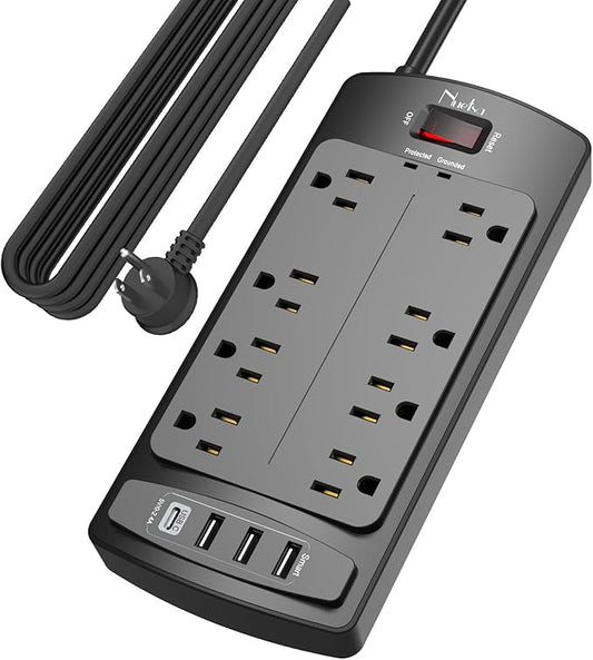 Surge Protector Power Strip - Nuetsa Flat Plug Extension Cord with 8 Outlets and 4 USB Ports, 15 Feet Power Cord (1625W/13A), 2700 Joules, ETL Listed, Black