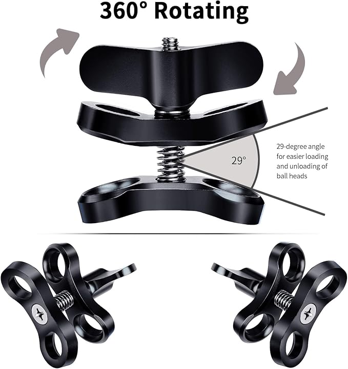 2-Hole 1" Aluminum Underwater Camera Clamp Ball Mount (2-Pack) - Underwater Bracket for Diving Light Arms & Camera Trays, Saltwater-Resistant Adapter for Scuba Photography/Videography Gear