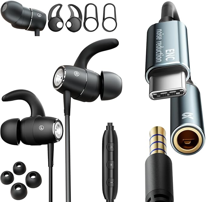 ENC Mic in-Ear Wired Headphones,Microphone Noise-canceling Wired Earbuds with DAC Super Bass (can Used Ear Hooks Removed)