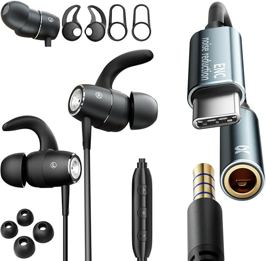 ENC Mic in-Ear Wired Headphones,Microphone Noise-canceling Wired Earbuds with DAC Super Bass (can Used Ear Hooks Removed)