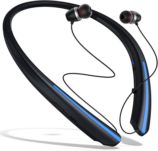 Bluetooth Retractable Headphones Wireless Neckband Headset with Sweatproof Stereo Earbuds for Running/Sports/Driving/Workouts (Black Blue)