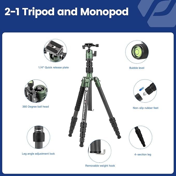 Fotopro 60inch Carbon Fiber Tripod Compact Camera Tripod with Ball Head Quick Release Plate Detachable Monopod Load up to 17.63lbs X-go E 2 Carbon Fiber Green
