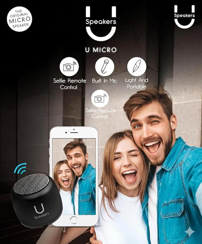 Fashionit U Micro - Small Bluetooth Speaker | Coin-Sized Speakers Bluetooth Wireless with Built-in Mic & Remote Shutter | Portable Rich Sound for Travel, Shower, Beach | Black