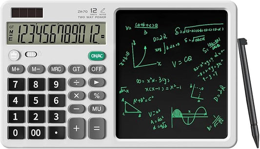 Scientific Calculator with Pull - Out Stylus, 12 - Digit Wide Screen & 100,000+ Reusable Writing Pad, One - Click Clear/Lock, Solar & Battery Dual Power, Portable for School Office Business (White)