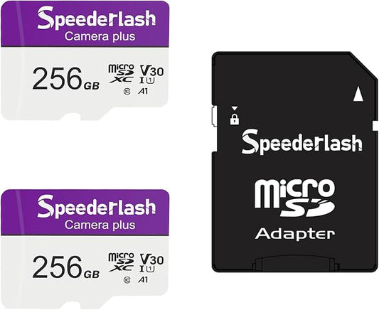 Micro SDXC Memory Card 256GB 2 Pack, Speederlash Camera Plus TF Card with Adapter, Up to 100MB/s Read Speed, 4K UHD&5K Video Support, U1 V30 A1 Rated, Waterproof, for Security Camera, Dashcam, Drones