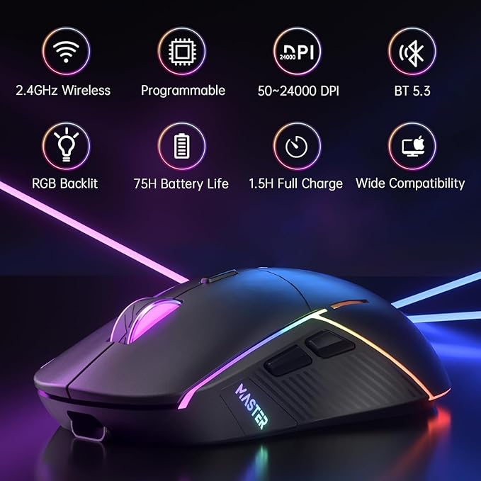 FFJ Wireless Gaming Mouse, 24000 DPI, Tri-Mode 2.4G/USB-C/Bluetooth 5.3 Gaming Mouse Wireless, RGB Programmable Mouse Gamer, 75Hrs Battery Life, Rechargeable Gaming Mice for PC, Mac, PS5, Xbox - Black