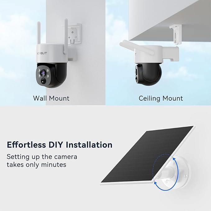 Solar Security Camera Wireless Outdoor, 3MP PTZ Solar Powered Camera for Home Security Surveillance Outside with Solar Panel, 2.4G WiFi, Human Detection, True Color Night Vision, 360° Viewing