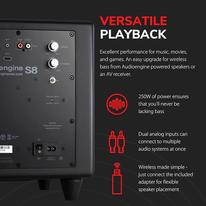 Audioengine S8 250W Wireless Subwoofer Kit with Built-in Amplifier (Wireless Kit, Black)