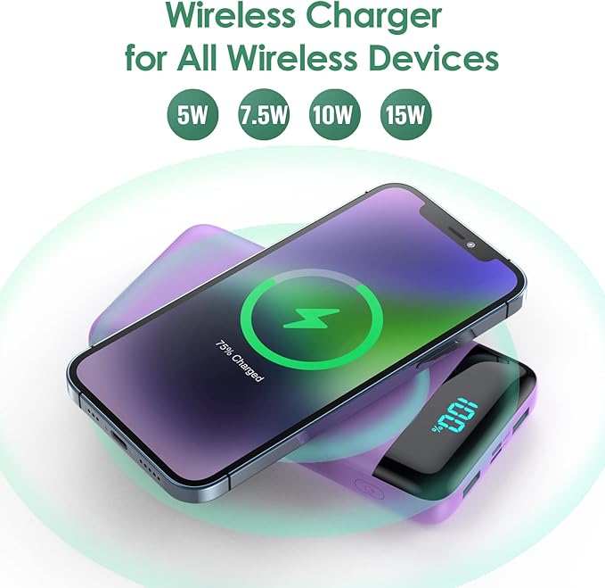 Wireless Portable Charger 30,800mAh 15W Wireless Charging 25W PD QC4.0 Fast Charging Smart LED Display USB-C Power Bank,4 Output& 2 Input External Battery Pack Compatible with iPhone, Samsung -Purple
