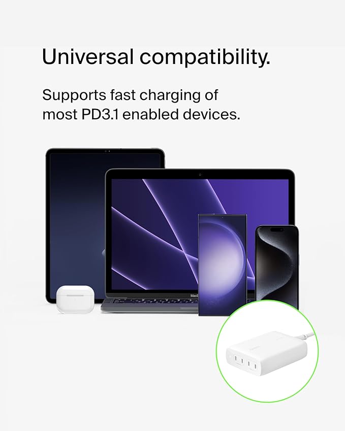 Belkin 4-Port USB C Charger Block 200W - GaN Multi-Port Charger USB-C PD3.1 Fast Charge + 5ft Power Cord - MacBook, iPhone 17, Air, iPad, Samsung Galaxy S25, Google Pixel 10, Nintendo Switch 2 - White
