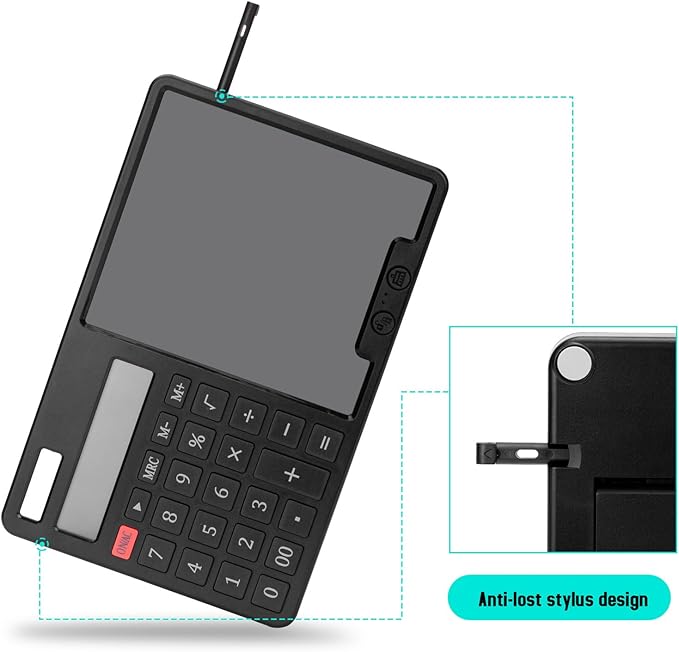 Calculator with Writing Pad - Solar & Battery Dual Power Supply - 12-Digit Large Display Calculator for Business and Office Use (Black)