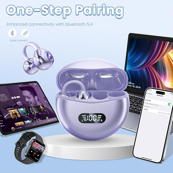 Clip on Earbuds Open Ear Wireless Bluetooth 5.4 Headphones with Mic,60H Play,Noise Cancelling,Waterproof,Sports Ear Buds,Comfortable for Small Ears & Glasses Wearers,Workouts (Purple)