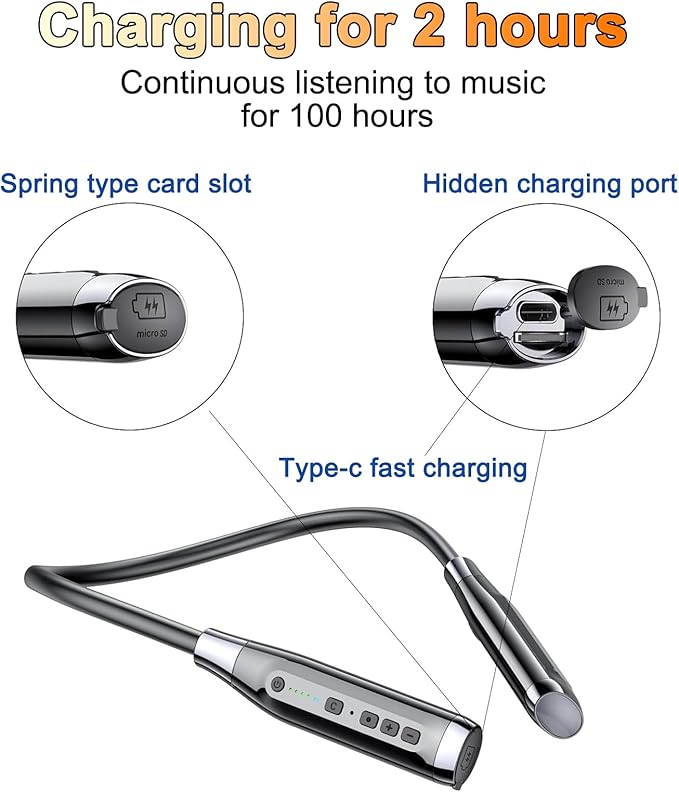 Neckband Bluetooth Headphones，6.0 Bluetooth 120 Hours Playtime，IPX7 Sports Waterproof Earbuds with Microphone Noise Cancelling with TF Card Slot ，HiFi Stereo (Black)