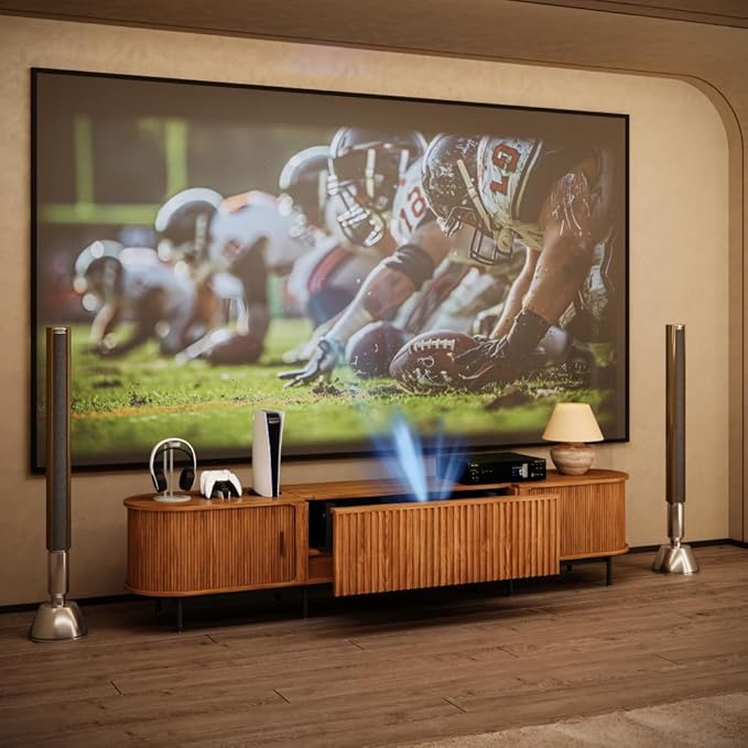 126" Ultra Short Throw Projector Cabinet, Mid-Century Modern Electric TV Stand for Entertainment Center, Linkage Memory Function and Ample Storage Space, Walnut Color