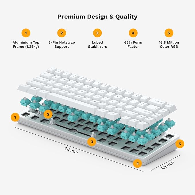 Glorious Gaming GMMK 2 Compact 65% Barebones (Frame Only) - Mechanical Gaming Keyboard Frame, Compact TKL Size (65%), Aluminium, Customisable, Per Key RGB, American QWERTY Layout - White