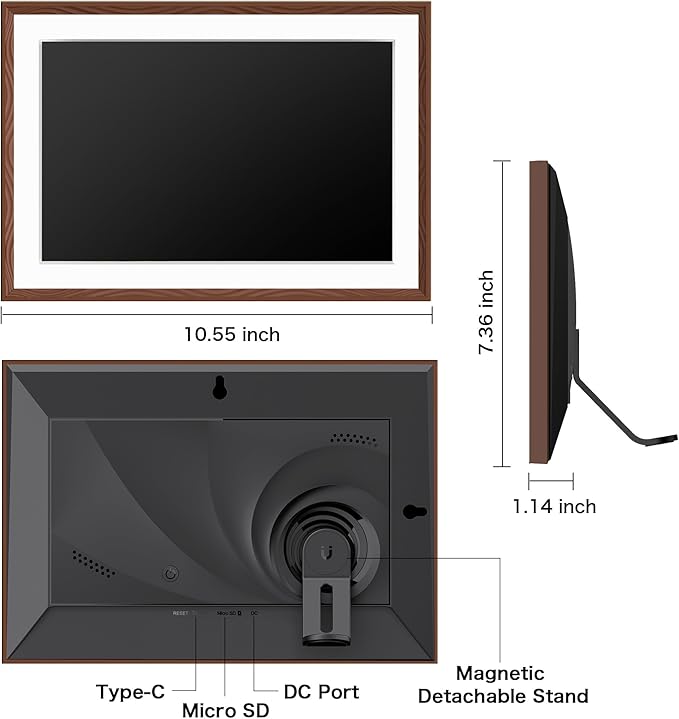 Digital Picture Frame, 10.1'' Frameo Digital Frame Wifi, 1280*800 HD Touch Screen, 32GB Memory, Wall Mountable Digital Photo Frame, Auto-Rotate, Share Instantly, Wedding, Birthday Gifts for Mom, Brown