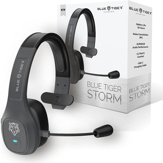 Blue Tiger Storm Gray - Premium Trucker Bluetooth Headset - Wireless Noise Canceling Mono Headset with Mic - High-Fidelity Sound, 30-Hour Talk Time, USB-C Charging - for Truck Drivers, Bluetooth 5.0