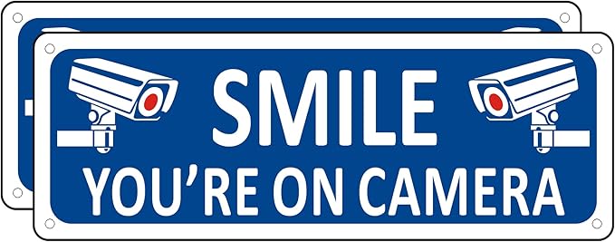 Bagstar (2 Pack) Heavy-duty Metal Smile You're on Camera Sign, 10" x 3.5" Aluminum Video Surveillance Sign, Camera Warning for Home Security, House, Business, Yard, Outdoor