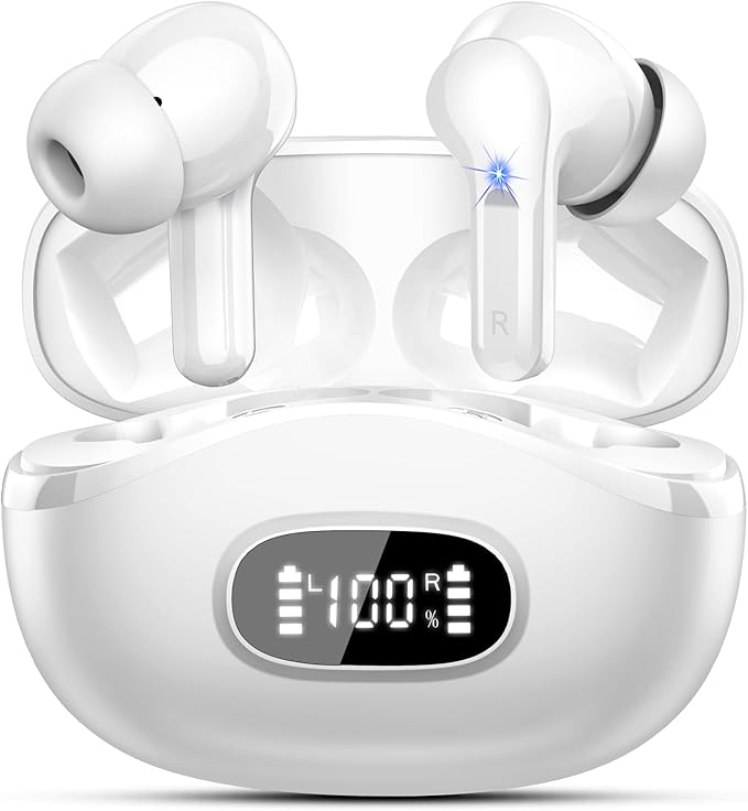 Wireless Earbuds, Bluetooth Headphones 5.4 HiFi Stereo, Ear Buds with 4 ENC Noise Cancelling Mics, 48H Bluetooth Earbuds with Dual LED Display, IP7 Waterproof in Ear Earphones for Android iOS, White