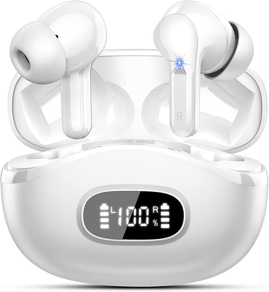 Wireless Earbuds, Bluetooth Headphones 5.4 HiFi Stereo, Ear Buds with 4 ENC Noise Cancelling Mics, 48H Bluetooth Earbuds with Dual LED Display, IP7 Waterproof in Ear Earphones for Android iOS, White