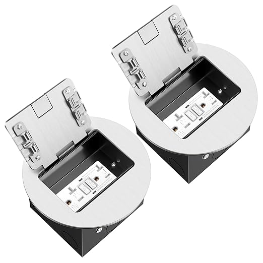 Vagueior Recessed Floor Electrical Outlet Kit, Circular Hidden Duplex GFCI Outlet,20A Tamper-Resistant Receptacle Outlet，Waterproof Electrical Outlet Covcer Box,UL Certified,Silver（2 Pack