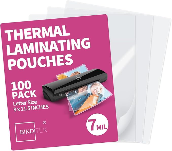 Binditek 100 Pack 7 Mil Thermal Laminating Pouches, 9x11.5 Inches Laminating Sheets, for Letter Size, Ultra Clear, Glossy, Hold 8.5x11 Inches, Heat Seal, School Office Supplies