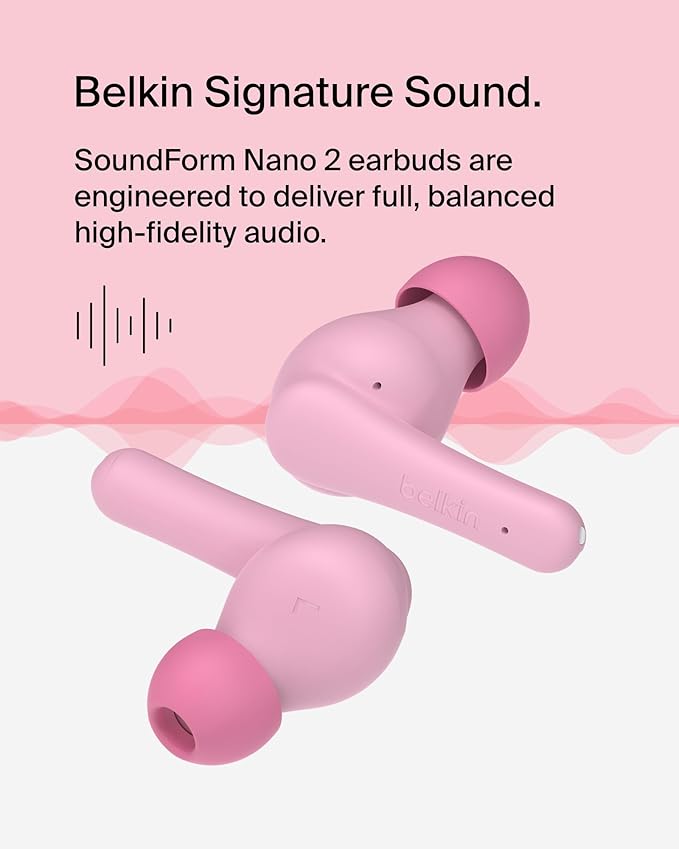 Belkin SoundForm Nano 2 Bluetooth Earbuds for Kids with Built-in Microphone, 28H Battery Life, Safe 85dB Volume, IPX5 Water Resistance - Kids Bluetooth Earbuds for iPhone, iPad, Galaxy, & More - Pink