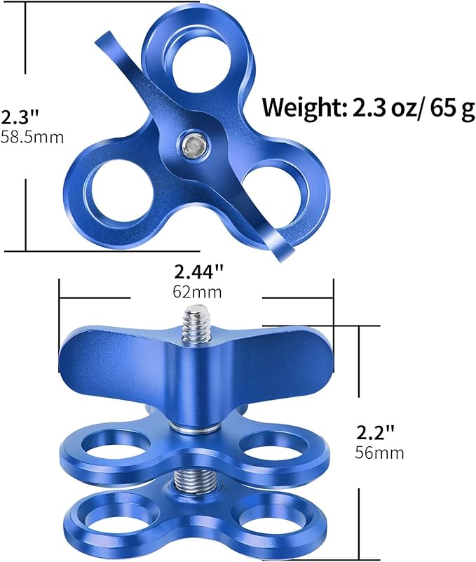 3-Hole 1" Aluminum Underwater Camera Clamp Ball Mount (2-Pack) - Underwater Bracket for Diving Light Arms & Camera Trays, Saltwater-Resistant Adapter for Scuba Photography/Videography Gear