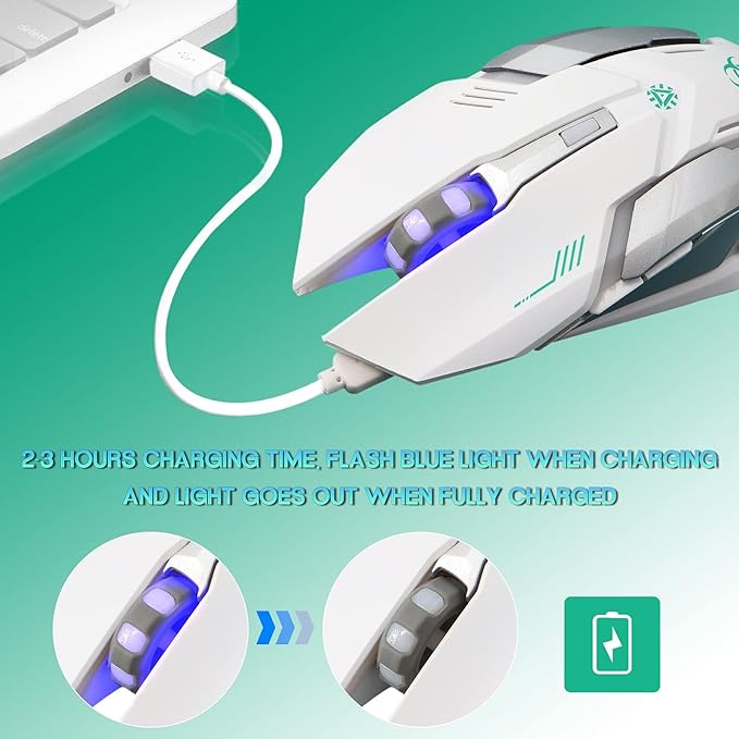 VEGCOO White Wireless Gaming Mouse, Silent Click Wireless Mouse with 3 Level DPI, Rechargeable Computer Mice with Colorful RGB LED Lights and Side Buttons for Laptop and Desktop