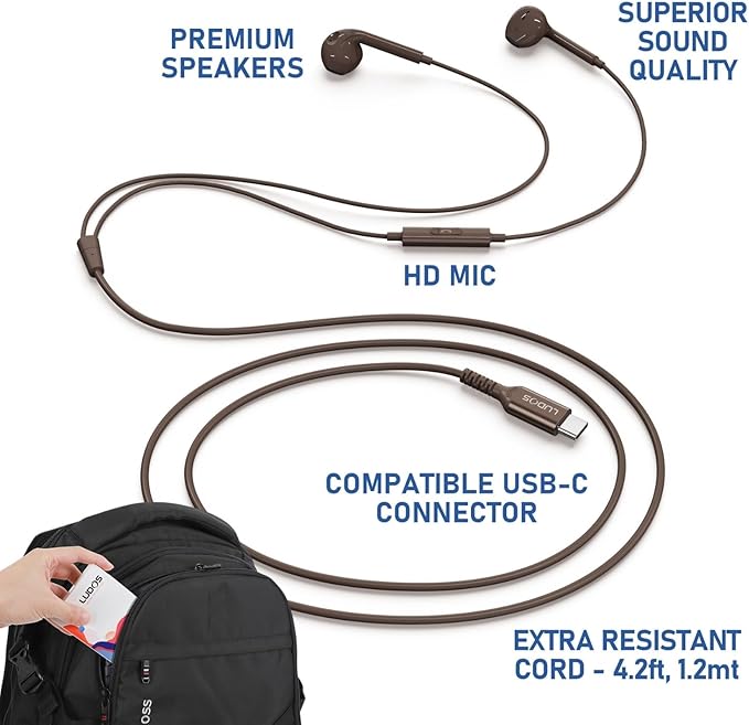 LUDOS Zenith USB C Headphones for iPhone 17 16 15 Pro Max Plus Air iPad Pro Air, 2 Years Warranty, USB-C Earbuds for Galaxy S24 S23 Ultra S22 S21 S20 A55 A54 A53, USB Type C Earphones - Brown